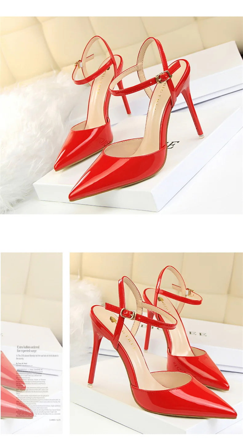 Women High Heels Sandals Metallic Gray Patent Leather Stripper Ankle Strap Wedding Nightclub Pointed Toe Party Valentine 86-1