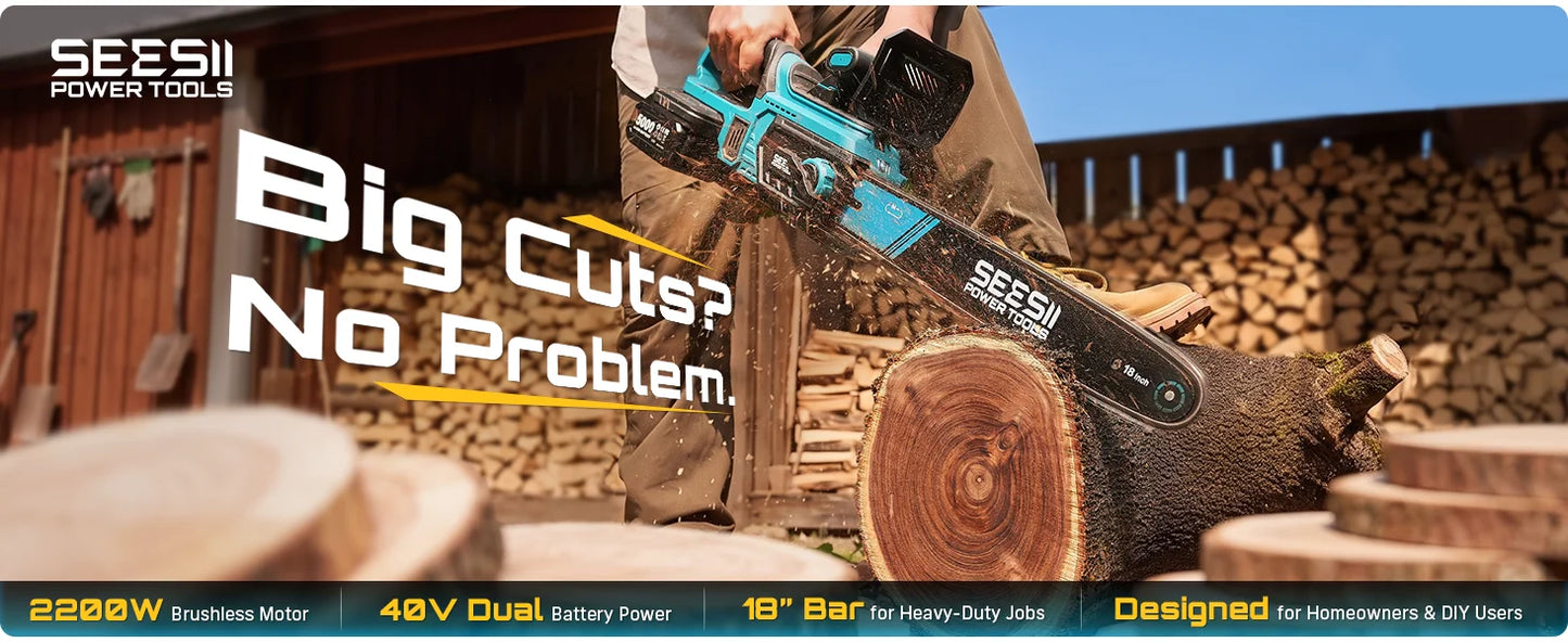 Seesii 40V 18Inch Cordless Electric Saw 2200W Brushless Chainsaw With Automatic Oiler  Garden Woodworking Cutting Tool For Makita 18v Battery pin