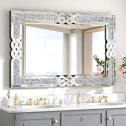 Wisfor Crushed Diamond Wall Mirror Rectangular Glass Silver Vanity with Decorative Glam Bling Crystal Frame Edge