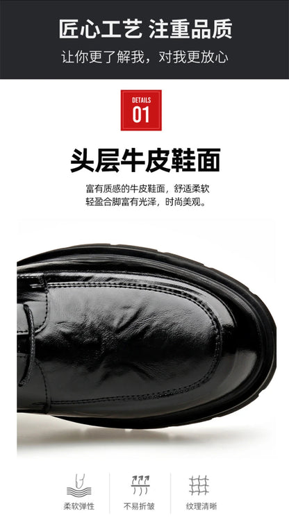 Mens Black Genuine Leather Wrinkled Lace Up Chunky Sole Formal Business Oxfords Casual Daily Wear Dress Shoes Stylish And Simple