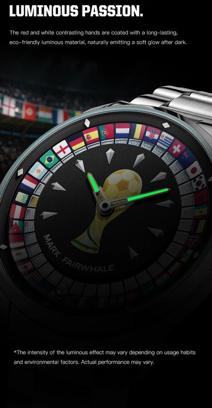 MARK FAIRWHALE 5087 Famous Football Sports Quartz Watch 360 ° Rotating Flag Dial Stainless Steel Strap Waterproof Watch for Man