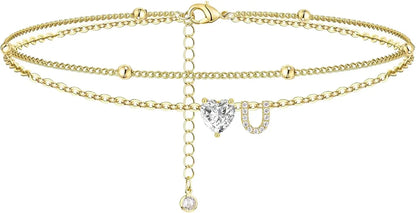 Waterproof cz Ankle Bracelets for Women  14K Gold Plated CZ Initial Dainty Layered Heart Anklets Foot Chain Summer Beach Jewelry
