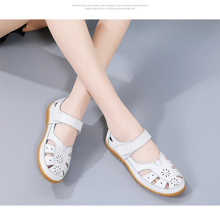 WOIZGIC Female Ladeis Mother Women's Genuine Leather Loater Flats Sandals Shoes Summer Cool Soft Outside Beach
