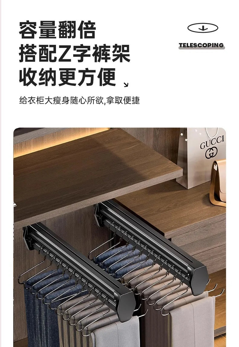 Multifunctional Wardrobe Trouser Hanger with Built-In Telescopic Pants Storage Pull-Out Clothes Rail Shelf Wardrobe Organizer