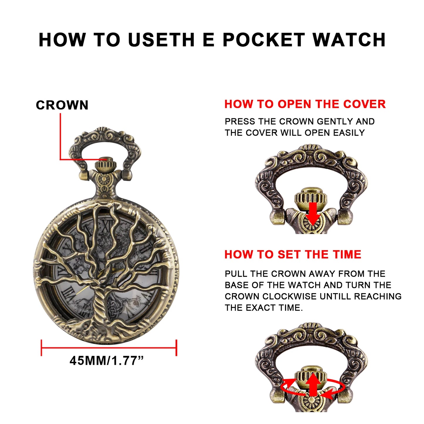 Steampunk Retro Bronze Hollow Tree of Life Quartz Pocket Watch With Fob Chain Women Watch Pendant Necklace Chain Men Gift CF1088