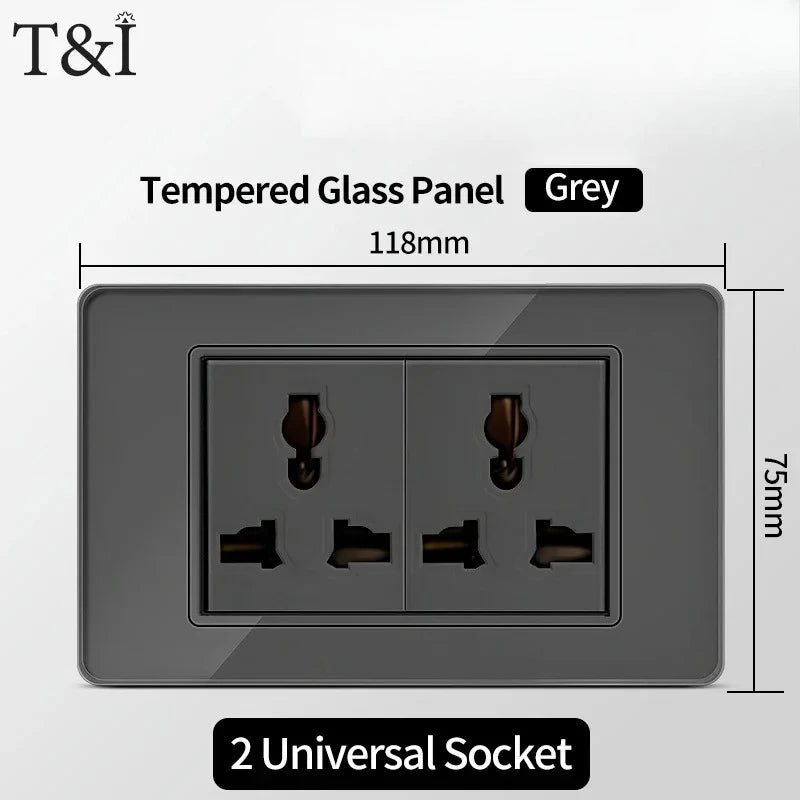 118*75mm TEMPERED GLASS SWITCH PANEL Wall Socket with USB Type - C, Grey US Switch, Thai Plug for Home & Office Use
