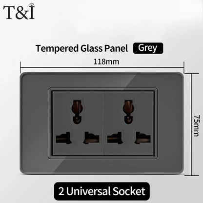 118*75mm TEMPERED GLASS SWITCH PANEL Wall Socket with USB Type - C, Grey US Switch, Thai Plug for Home & Office Use