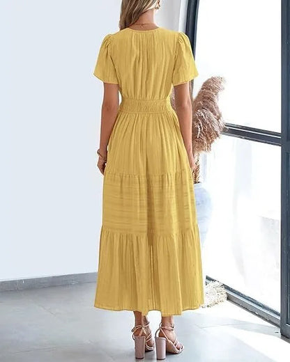 Summer Solid Color V-neck Tight Waist Dress French Style Elegant Pleated Large Swing Long Dress Casual Vacation Style Slimming M