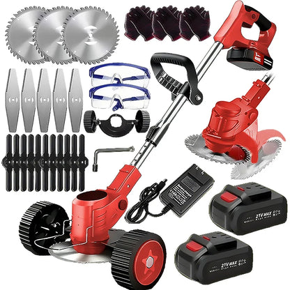Wireless portable weed trimmer for lawn trimming. The trimmer is equipped with 2 lithium batteries and comes with replaceable bl