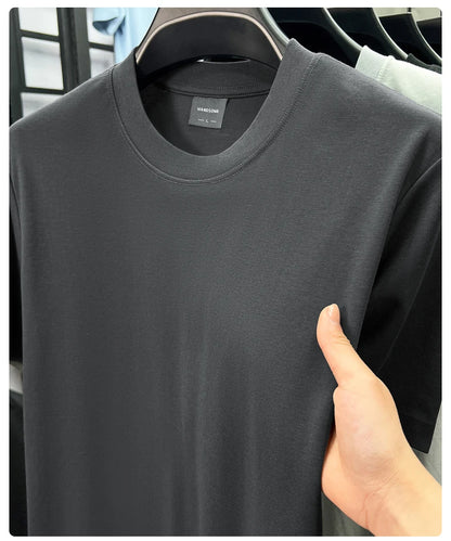 High quality luxury short sleeve T-shirt summer breathable cool silk cotton fashion solid color round neck top casual men's wear