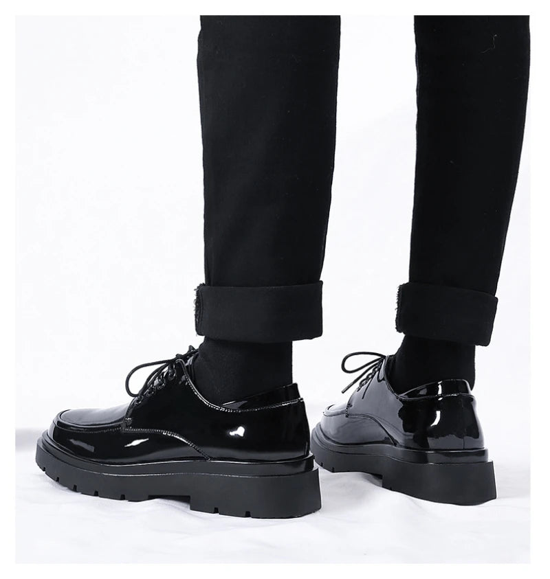 Mens Black Patent Leather Perforated Lace Up Chunky Platform Oxford Shoes Breathable Casual Business Formal Summer Dress Shoes