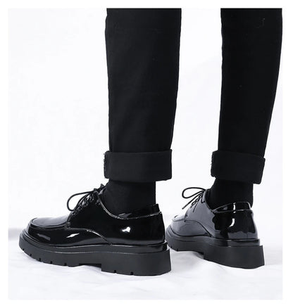Mens Black Patent Leather Perforated Lace Up Chunky Platform Oxford Shoes Breathable Casual Business Formal Summer Dress Shoes