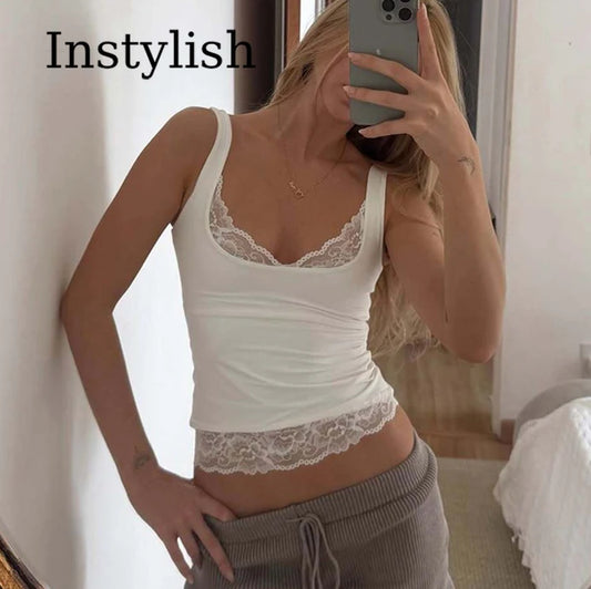 Square Collar Backless Slim Lace Ruffles Patchwork Tank Top Women'S Fashion Sexy Y2K Top Party Vacation Short Summer Clothes