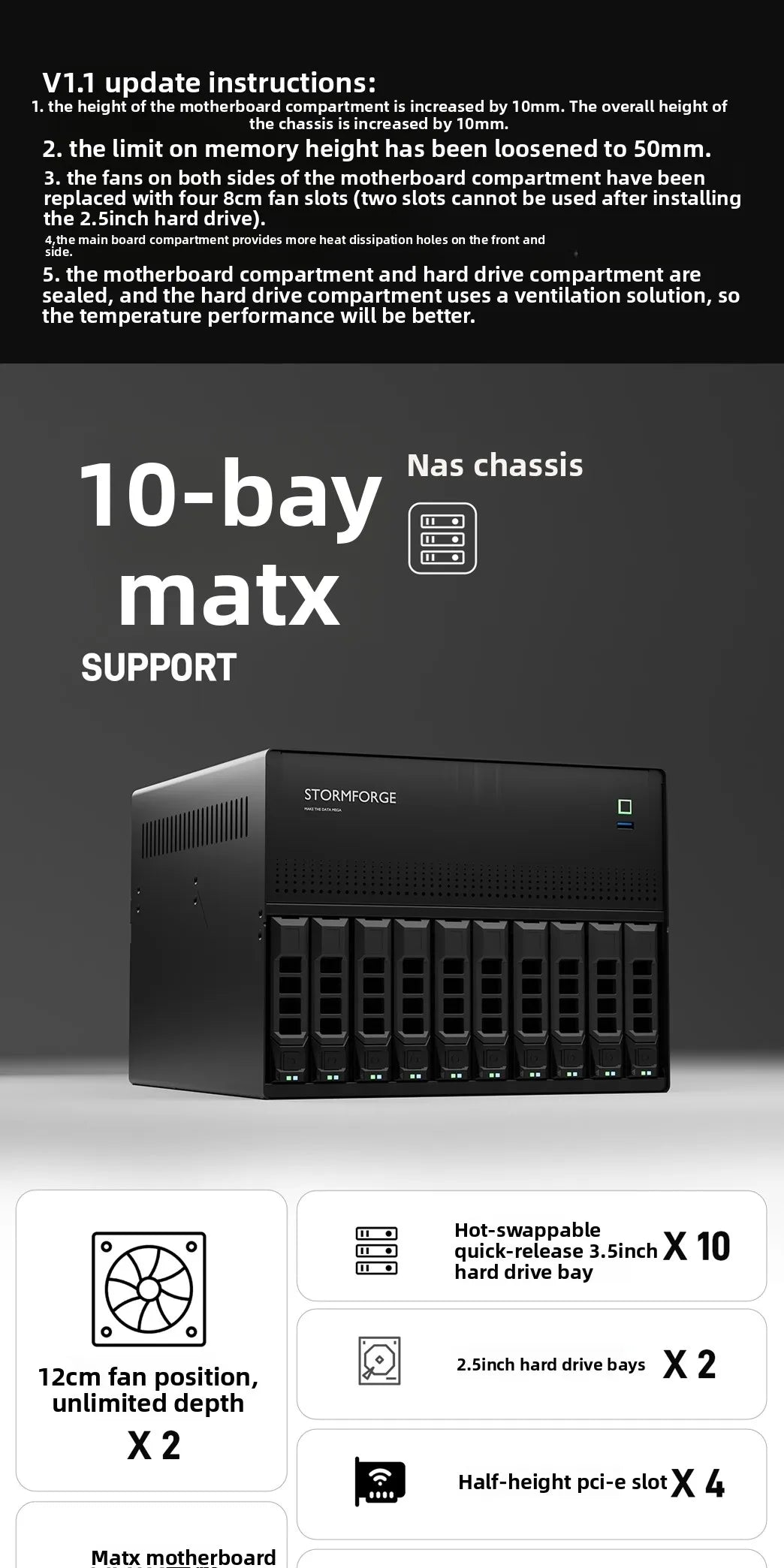 N10 NAS Case - 10+2 Bay Hot Swap, Supports MATX Board & 1U PSU, 4 PCI-E Slots, Aluminum Chassis for Storage