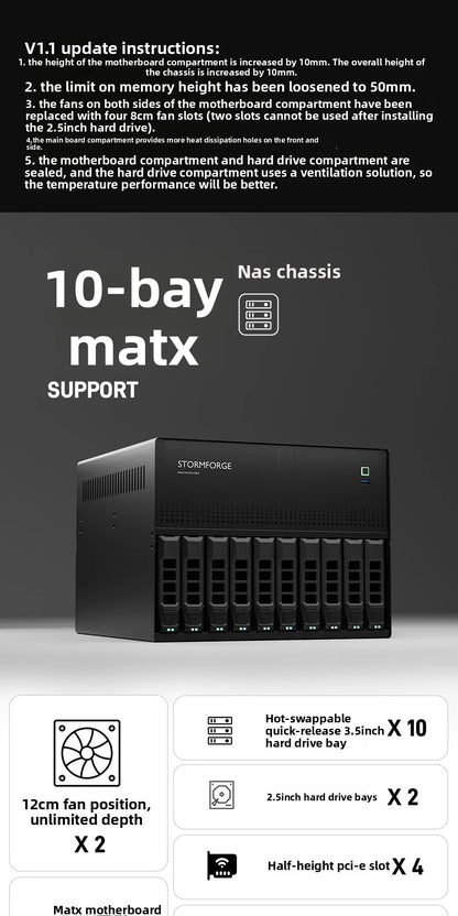 N10 NAS Case - 10+2 Bay Hot Swap, Supports MATX Board & 1U PSU, 4 PCI-E Slots, Aluminum Chassis for Storage