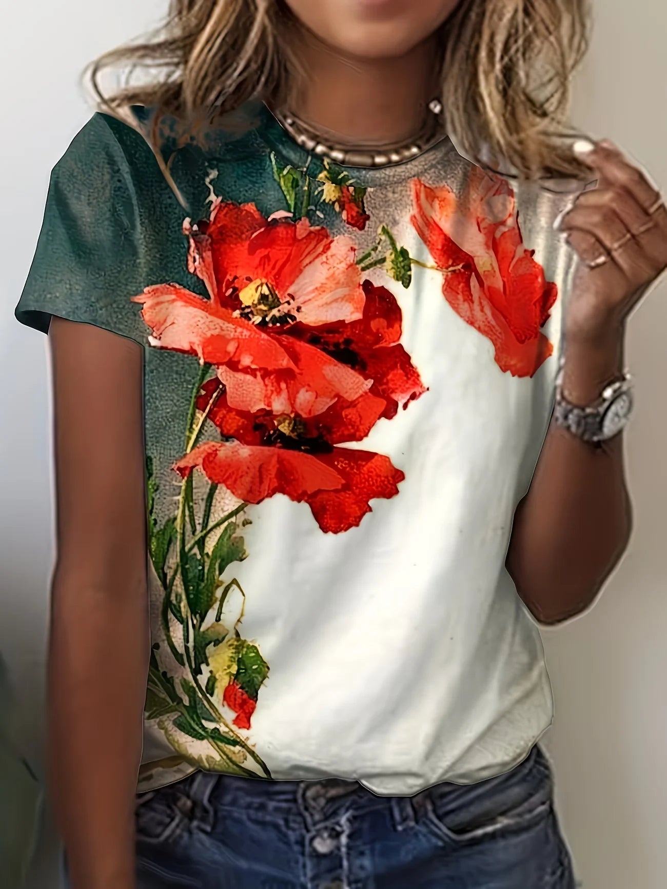 Lady T Shirts Crew Neck Short Sleeve Gradient Purple Flower Branch Print T Shirt Women's Outfits Casual Streetwear Cool Clothes