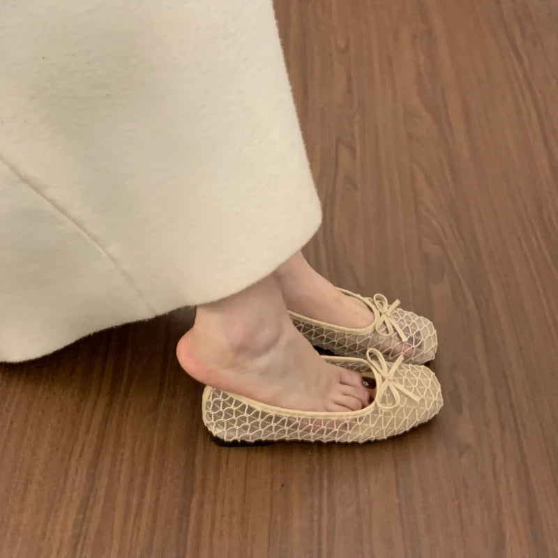 2026 Summer New Fashion Bow Flat Sandals for Women Slip-on Designer Style Casual Walking Breathable Elegant Ballet Shoes
