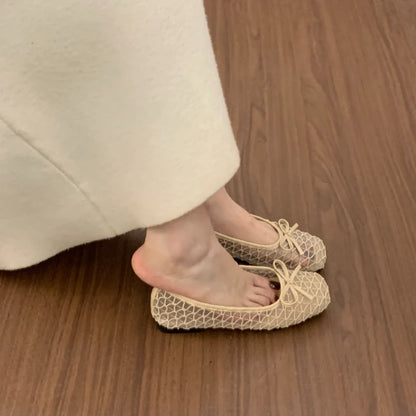 2026 Summer New Fashion Bow Flat Sandals for Women Slip-on Designer Style Casual Walking Breathable Elegant Ballet Shoes