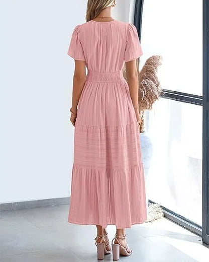 Summer Solid Color V-neck Tight Waist Dress French Style Elegant Pleated Large Swing Long Dress Casual Vacation Style Slimming M