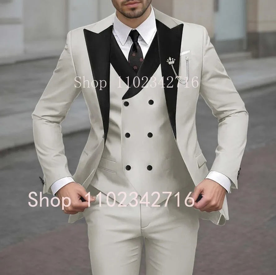 New Classic Beige Single Breasted Suits For Men Black Lapel Slim Fit Wedding Suit Groomsmen Formal Prom Party Suits 3 Piece Sets
