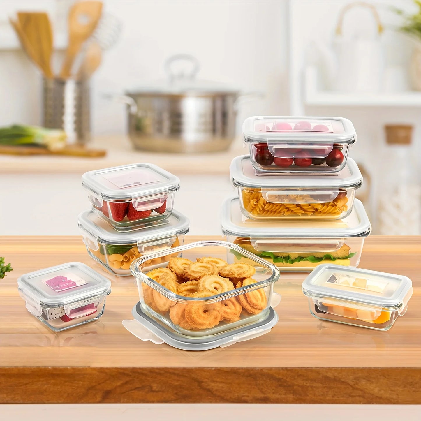 8-piece set of glass food storage containers, leak-proof sealed LIDS, BPA-free, non-toxic transparent borosilicate