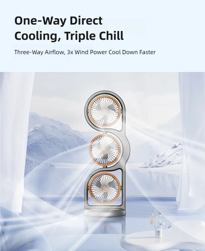 TINSOL Portable Three-Head Fan, 360° Wind Direction Adjustment, Five-Speed Wind, Dormitory and Outdoor Desktop Fan