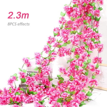 8pcs 1.8M Artificial Cherry Blossom Flower Vines Faux Flowers Outdoors Hanging Silk Flowers Garland for Wedding Party Home Decor