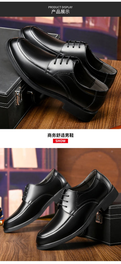 Mens Black Genuine Leather Lace Up Chunky Platform Oxfords Formal Business Office Groom Wedding Daily Wear Shoes Fashion Simple