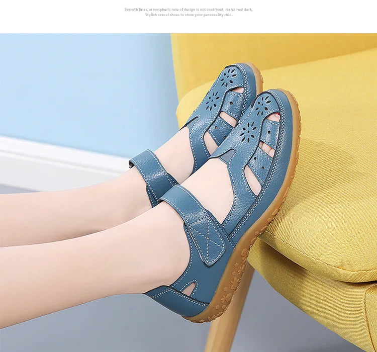 WOIZGIC Female Ladeis Mother Women's Genuine Leather Loater Flats Sandals Shoes Summer Cool Soft Outside Beach