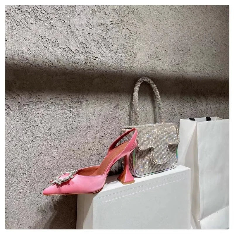 2025 European and American Women's New Silk Sunflower Crystal Diamond Buckle High Heels Horseshoe Heel Women's Sandals