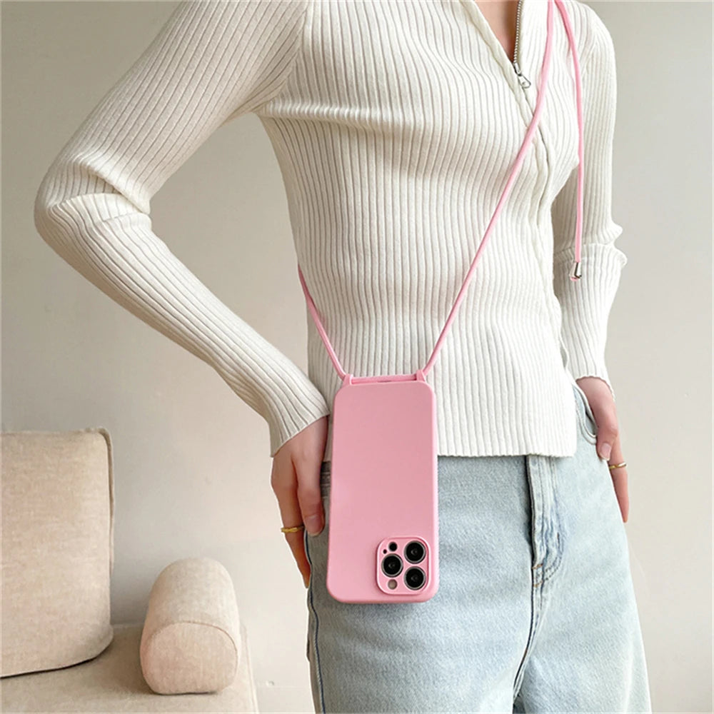 Crossbody Necklace Lanyard Cord Strap Liquid Silicone Case For iPhone 17 16 15 13 11 12 14 Pro Max XS XR X Plus Soft Candy Cover