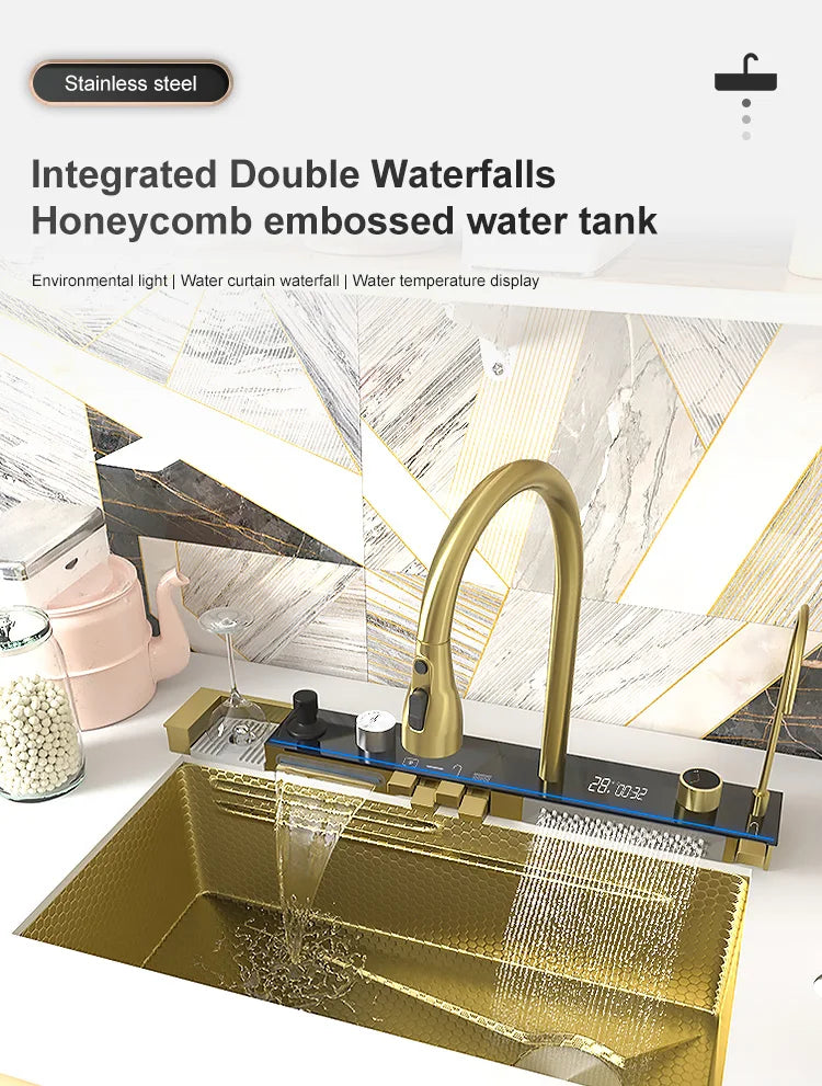 Various Waterfall kitchen Sink  Stainless Steel Multifunctional Large Single Slot Digital Display Sinks