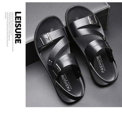 Fashion Sandals Male Solid Color PU Leather Men Shoes Summer Comfortable Open Toe Leather Mens Sandals Beach Leather Footwear