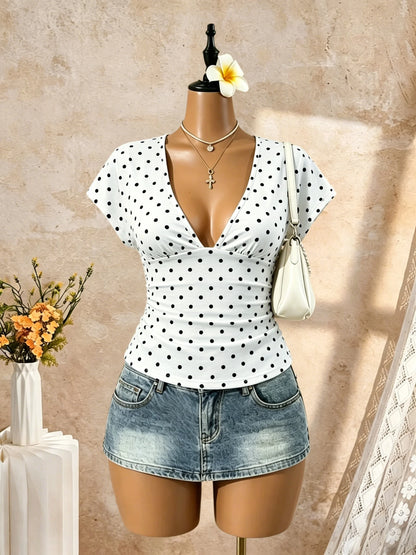 Women Short Sleeve Deep V Neck Side Ruched Wrap Crop T Shirt 2026 Summer Y2K Casual Streetwear Basic Solid Tees