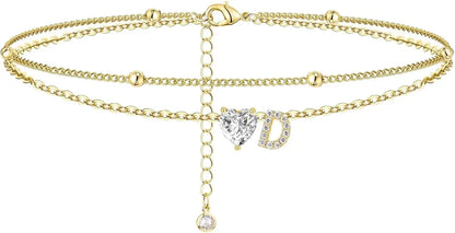 Waterproof cz Ankle Bracelets for Women  14K Gold Plated CZ Initial Dainty Layered Heart Anklets Foot Chain Summer Beach Jewelry