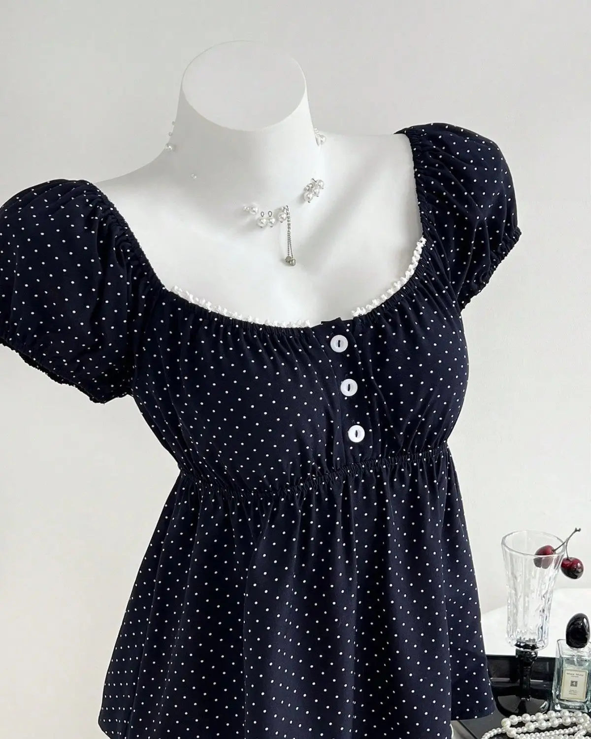 Polka Dot Babydoll Top Women Summer Sweet Korean Puff Short Sleeve Chiffon Blouse Square Neck Summer Vintage Youthful T-shirt
