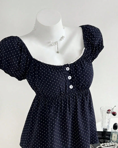 Polka Dot Babydoll Top Women Summer Sweet Korean Puff Short Sleeve Chiffon Blouse Square Neck Summer Vintage Youthful T-shirt