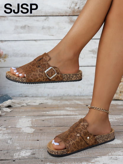Women's Casual Retro Animal Snake Print Slippers and Sandals - Stylish Buckle Single-Strap Design, Non-Slip Pvc Sole, Comfortable Pu Upper, Suitable for Casual Beach Wear, Indoor and Outdoor Outfits, Spring and Summer Series