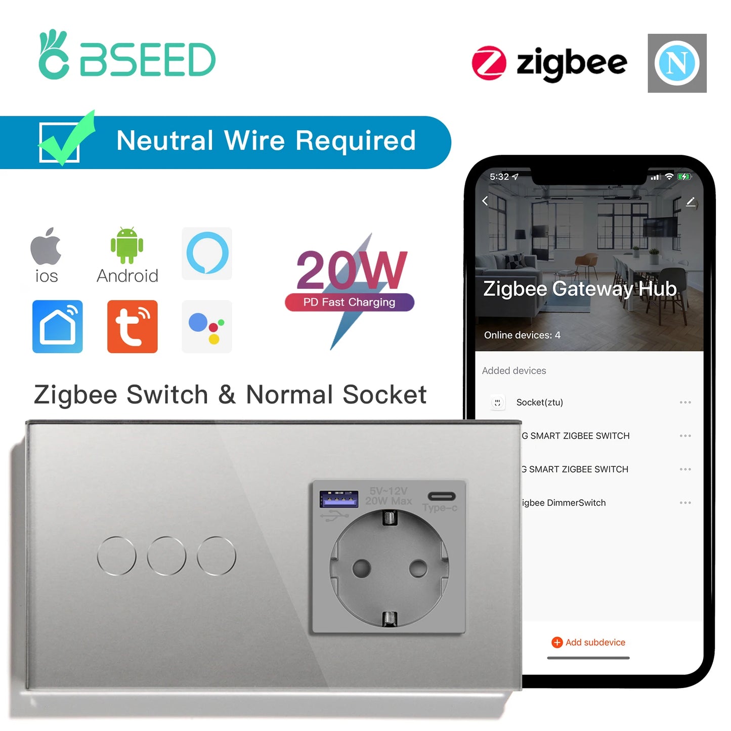 Bseed 1/2/3Gang 2Way Zigbee Light Switch Wall Touch Switch USB Type-C Fast Charge Port 20W Tuya Smart Life Google Home Control