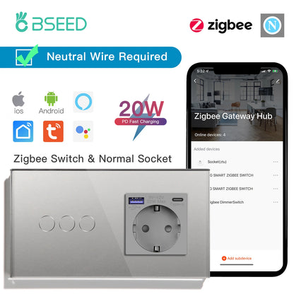 Bseed 1/2/3Gang 2Way Zigbee Light Switch Wall Touch Switch USB Type-C Fast Charge Port 20W Tuya Smart Life Google Home Control