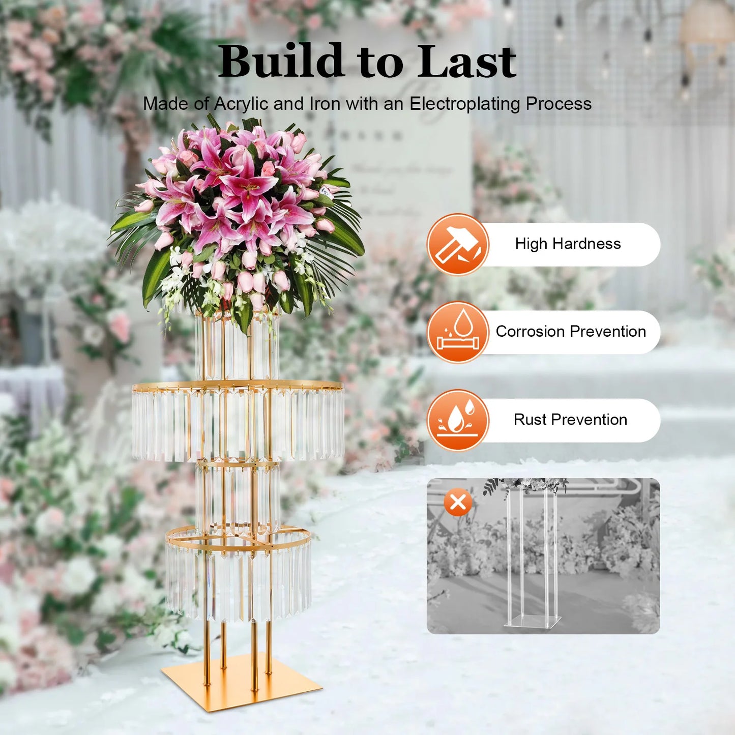 5 Tiers Wedding Centerpieces Flower Stand, 110cm Acrylic Crystal Flower Vase Rack Floor Table Decor Display Holder, Gold/Silver