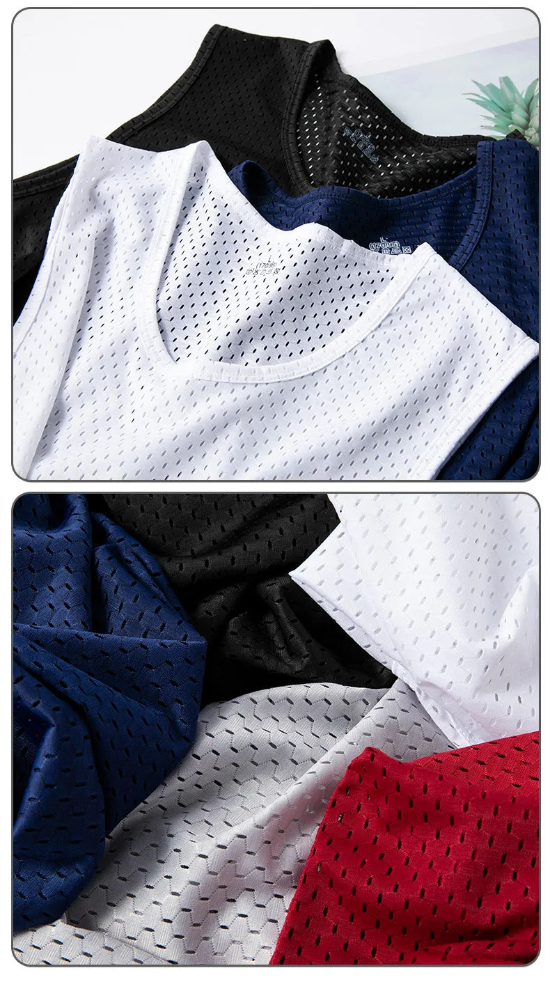 Men's Ice Silk Mesh Tank Tops Man Gym Stringer Transparent Bodybuilding Sleeveless Shirt Fitness Vest Male Muscle Singlets L-5XL