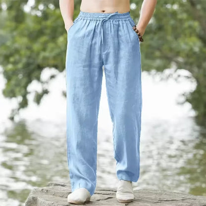 Summer Men's Casual White Linen Pants Elastic Waist Drawstring Loose Fit Beach Trousers