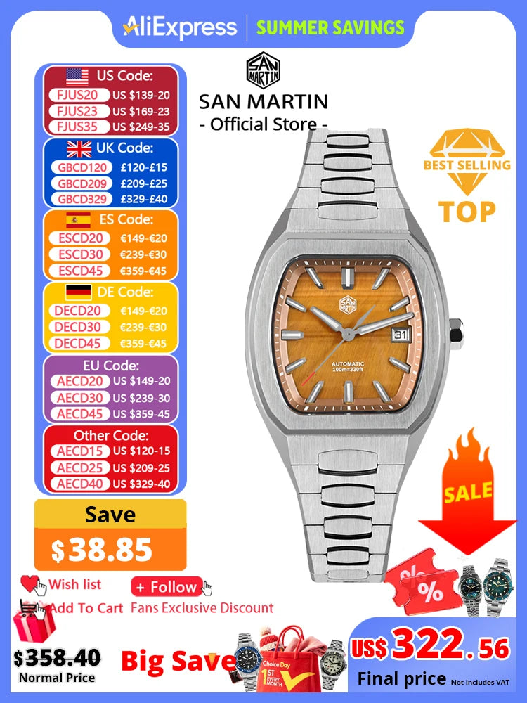 San Martin 39.5mm Tonneau Luxury Men Watch Mineral Dial Casual Sports PT5000 SW200 Automatic Mechanical Sapphire Luminous SN0145