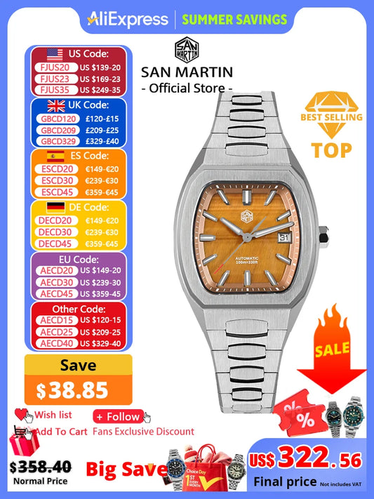 San Martin 39.5mm Tonneau Luxury Men Watch Mineral Dial Casual Sports PT5000 SW200 Automatic Mechanical Sapphire Luminous SN0145