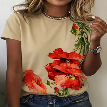 Lady T Shirts Crew Neck Short Sleeve Gradient Purple Flower Branch Print T Shirt Women's Outfits Casual Streetwear Cool Clothes