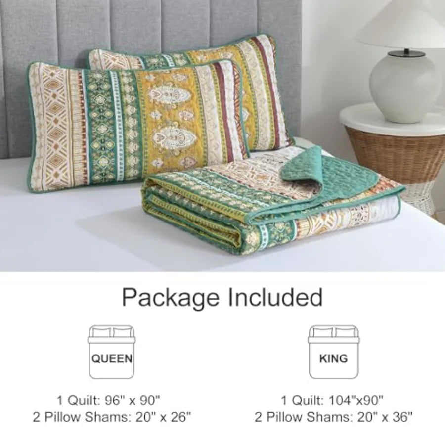Boho Quilt Size Colorful Bohemian Bedspread Size Set with 2 Pillow Shams Lightweight Summer Soft Microfiber Western Bedding Set