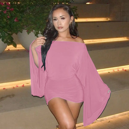 Hugcitar Solid Long Cloak Sleeve Sexy Loose Sexy Ruched Sexy Bodycon Mini Dress Fall Winter Women Fashion Outfit Party Festival