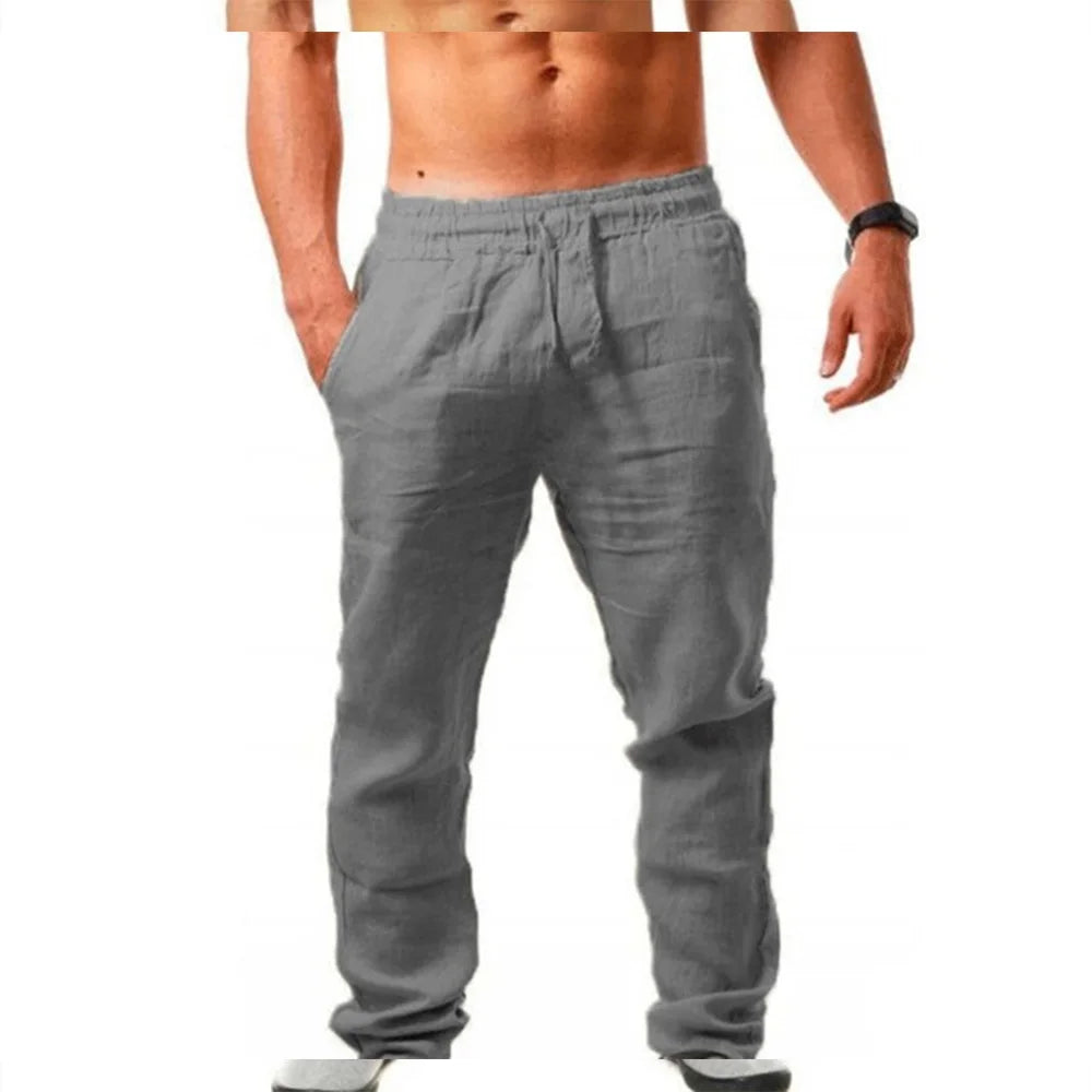 Men's Cotton Linen Pants Summer Solid Color Breathable Linen Trousers Male Casual Elastic Waist Fitness Pants Hip-Hop Streetwear