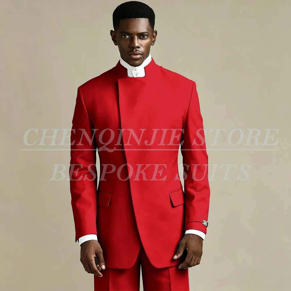 Elegant Black Men's Suits 2 Piece Jacket Pants Outfits Formal Single Breasted Stand Lapel Skinny Clothing Costume Homme